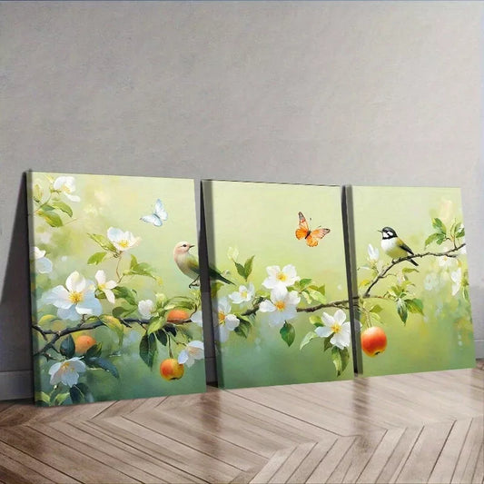 3pcs  Bird On Branch Design Nature Flowers   Wall Art Set Canvas Framed 40x60cm - High Quality Print 100% Australian Made Wall Canvas Ready to Hang