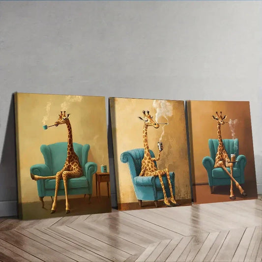 3pcs   The giraffe is on the chair  Wall Art Set Canvas Framed 40x60cm - High Quality Print 100% Australian Made Wall Canvas Ready to Hang
