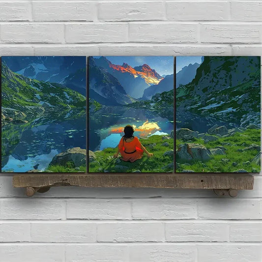 3pcs Mountain River Green Grasses Metal Print Ready to Hang Art
