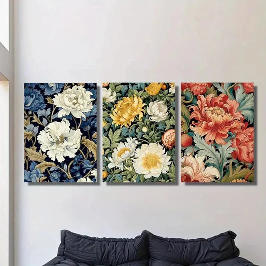 3pcs blooming flowers, roses, chrysanthemums, Metal Print Ready to Hang Art