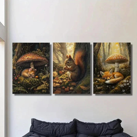 3pcs Squirrel, Fox, Mouse, Mushrooms, Metal Print Ready to Hang Art