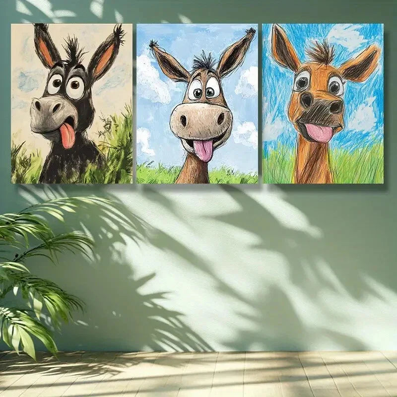 3pcs The donkey Art Painting  Metal Print Ready to Hang Art