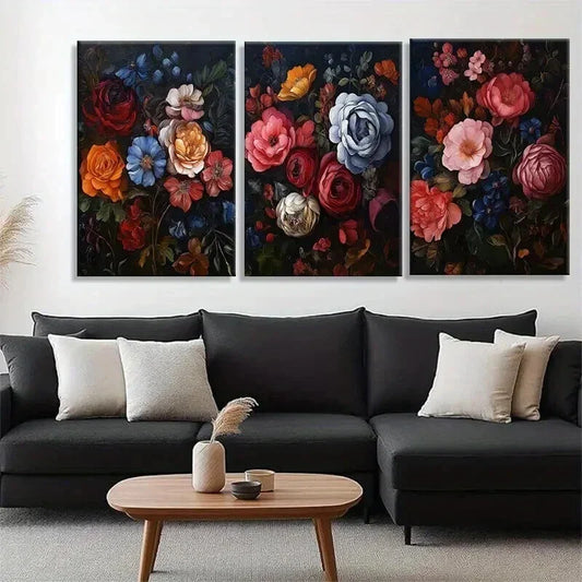 3pcs Floral Bouquet in Rich Hues of Red Perfect Wall Art Set Canvas Framed 40x60cm - High Quality Print 100% Australian Made Wall Canvas Ready to Hang