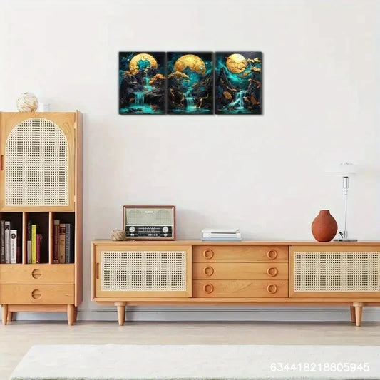 3pcs Elegant Space Golden Moon Waterfall, Metal Print Ready to Hang Art