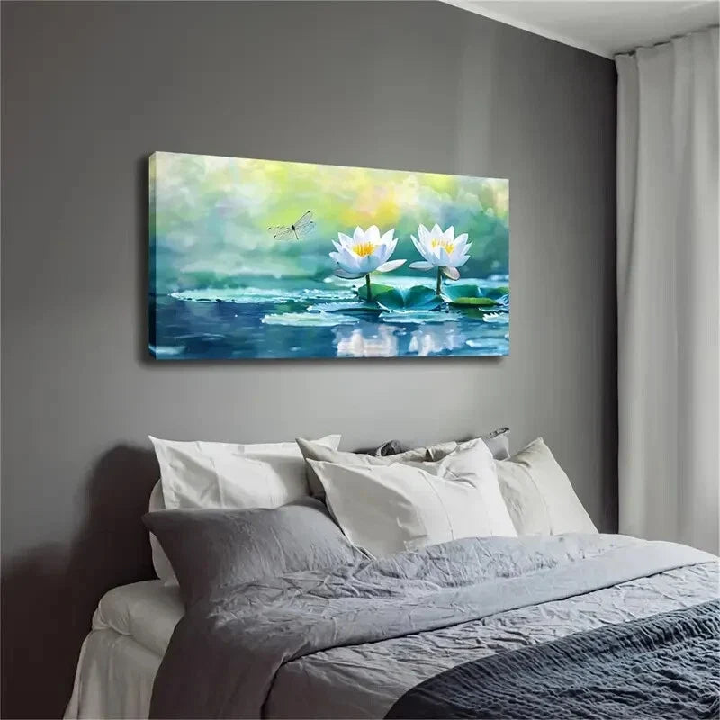 Two White Water Lilies & Dragon Wall Art Canvas Office Home Room Framed 120x60cm