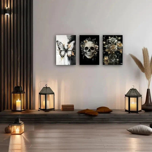 3pcs Playful Black Cat Bathtub with Green Plant Metal Print Ready to Hang Art