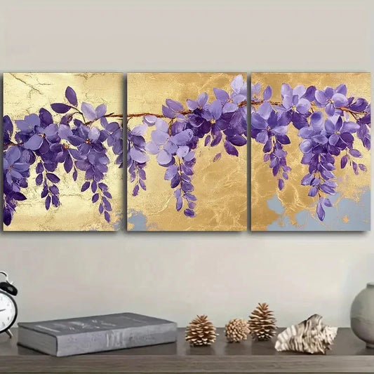 3pcs Gold foil floral wisteria Metal Print Ready to Hang Art