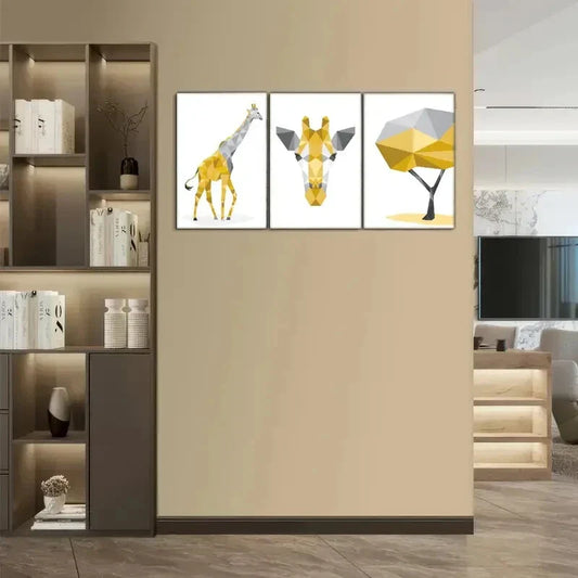 3pcs Giraffe Animal Portrait Art Poster Geometric Metal Print Ready to Hang Art