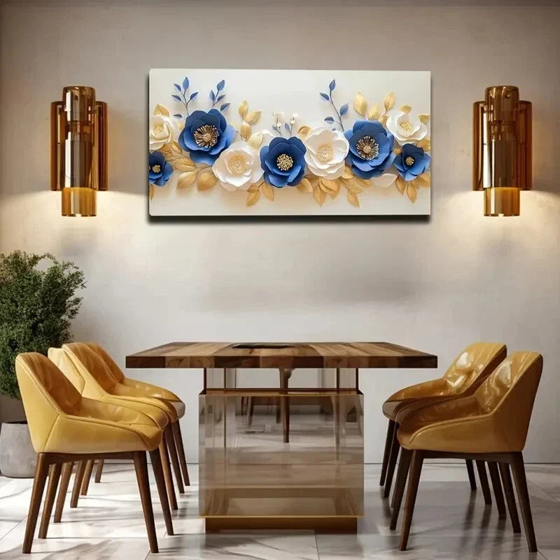 Blue and Cream Flower Design Wall Art Canvas Office Home Room Framed 120x60cm