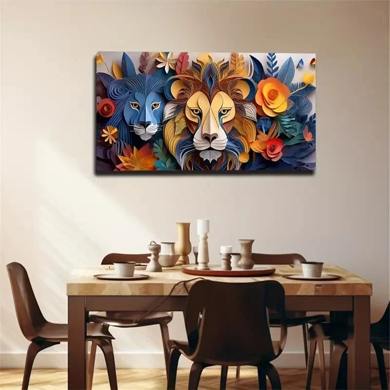 Lions & Floral Bohemian Wall Art Canvas Office Home Room Framed 80x45cm