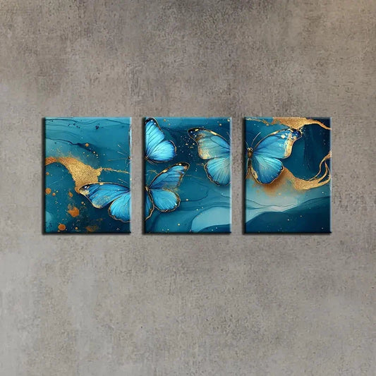 3pcs Abstract Blue & Golden Butterfly Metal Print Ready to Hang Art