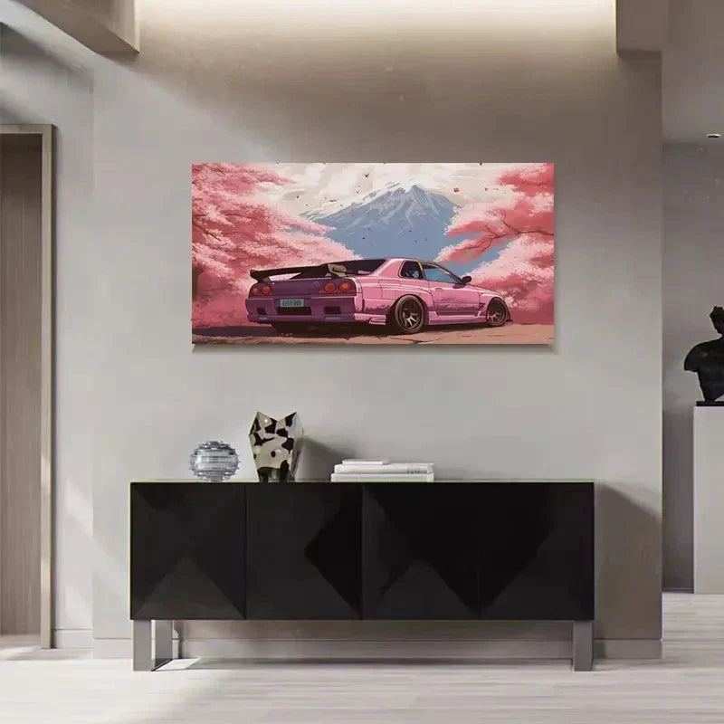 Sports Car & Cherry Blossom Wall Art Canvas Office Home Room Framed 80x45cm