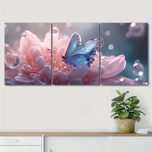 3pcs Elegant Blue Butterfly Pink Flower Perfect Wall Art Set Canvas Framed 40x60cm - High Quality Print 100% Australian Made Wall Canvas Ready to Hang