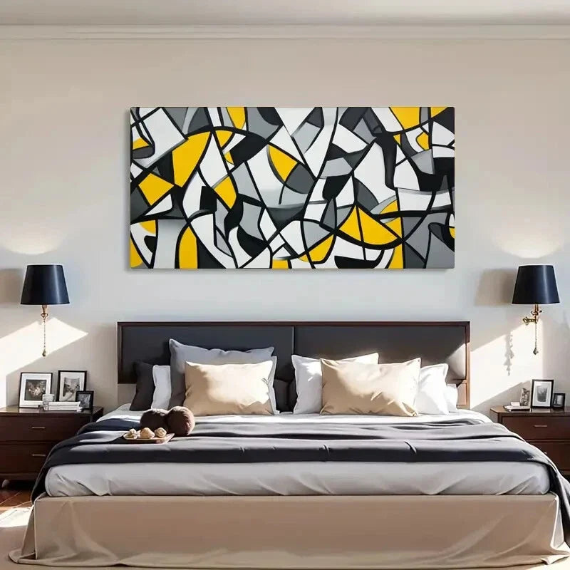 Geometric Abstract Black Yellow Wall Art Canvas Office Home Room Framed 120x60cm