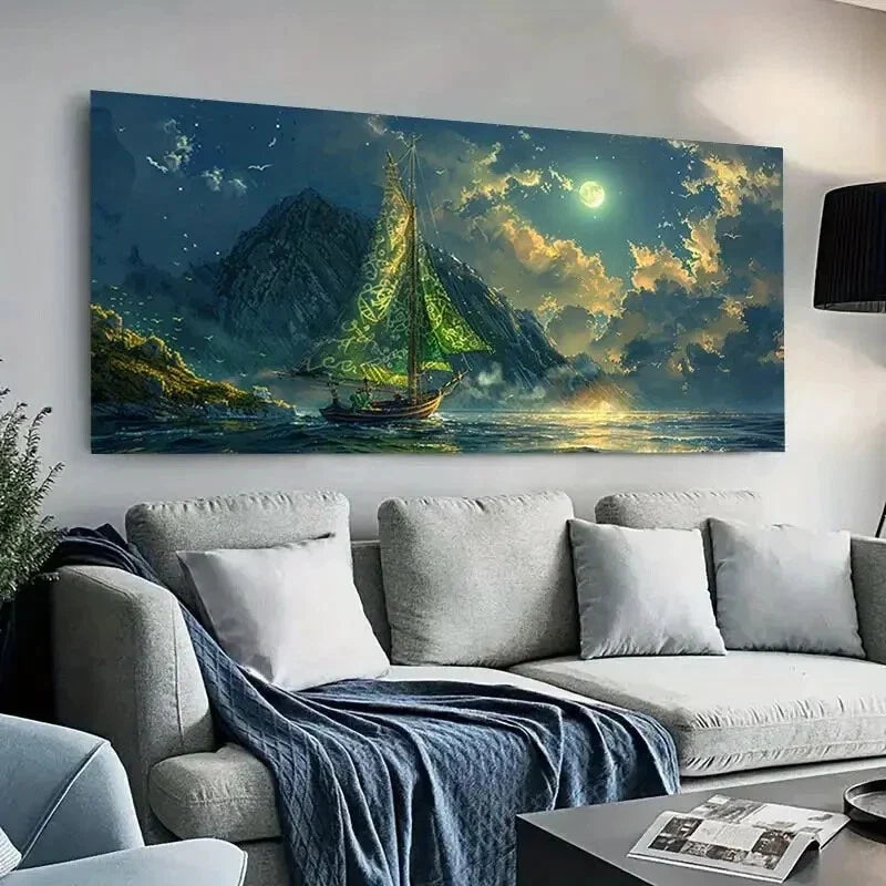 Glowing Lake and Moonlight wall canvas office home room framed 120x60cm