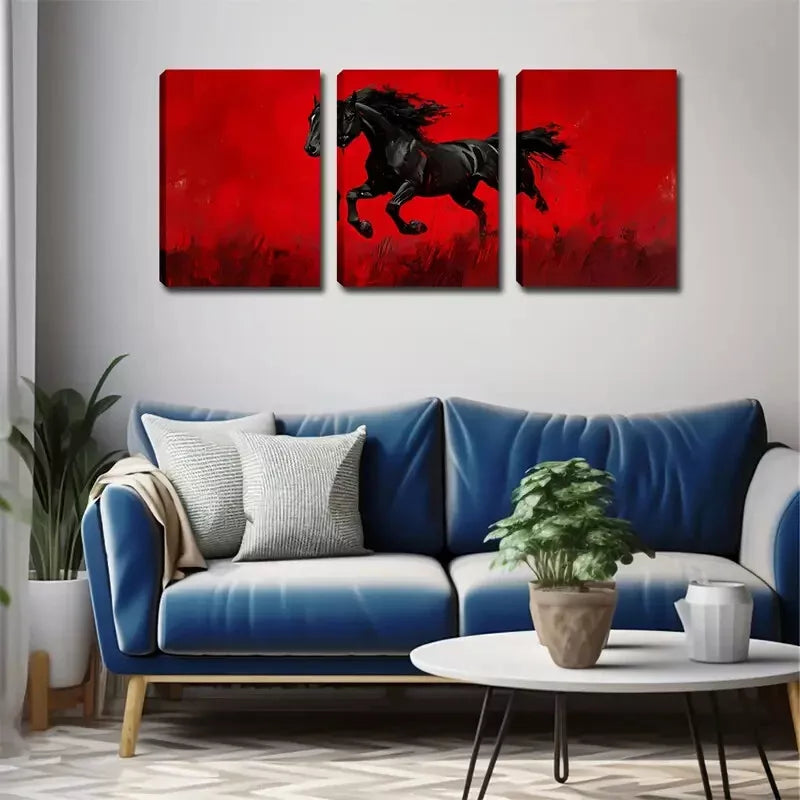 3pcs  Red Background, Black Horse   Wall Art Set Canvas Framed 40x60cm - High Quality Print 100% Australian Made Wall Canvas Ready to Hang