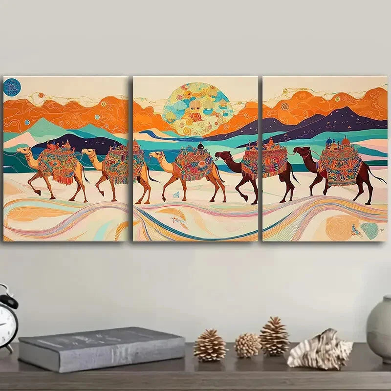 3pcs  Painting A caravan of camels Wall Art Set Canvas Framed 40x60cm - High Quality Print 100% Australian Made Wall Canvas Ready to Hang