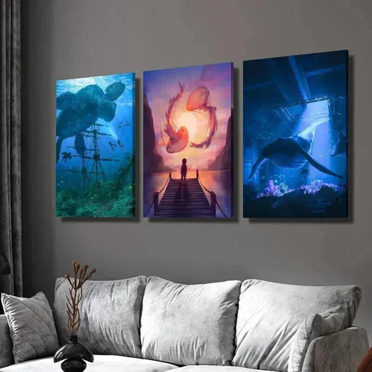 3pcs Giant Jellyfish Dolphin & Turtle Wall Art Set Canvas Framed 40x60cm - High Quality Print 100% Australian Made Wall Canvas Ready to Hang