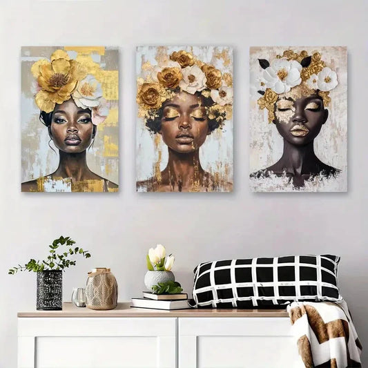 3pcs Elegant Female Figures with Golden and White Metal Print Ready to Hang Art