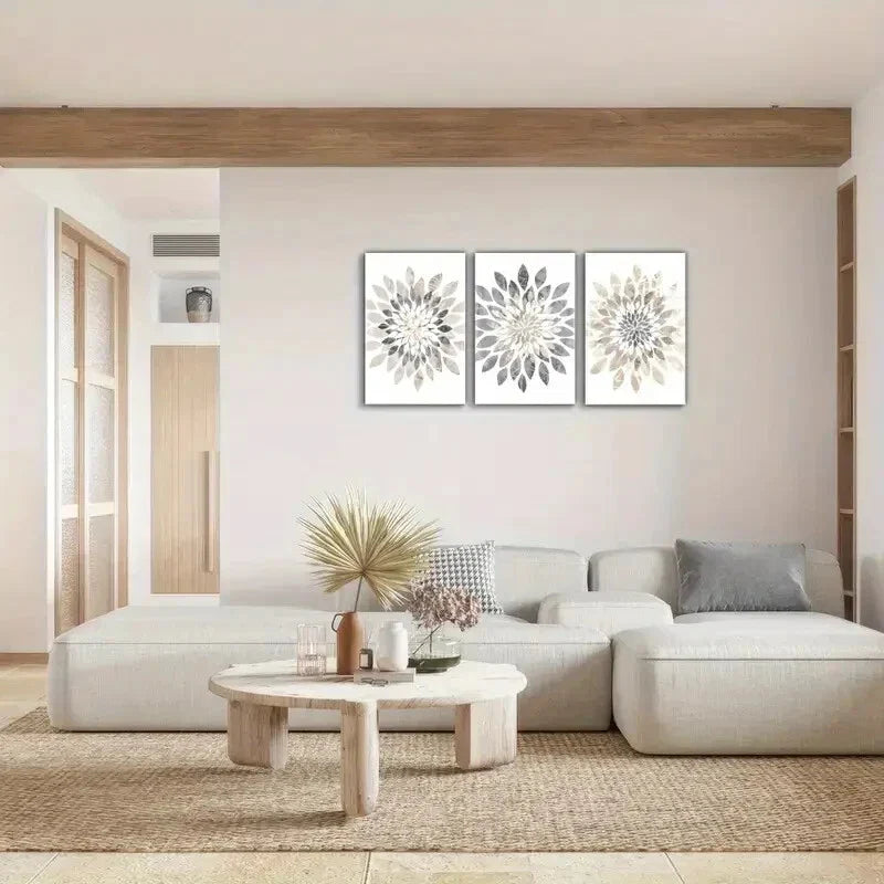 3pcs Modern Abstract Flower Designs in Black White Metal Print Ready to Hang Art