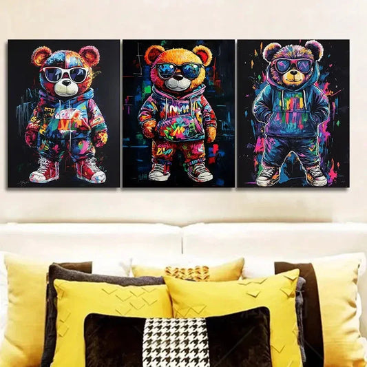 3pcs Featuring a Teddy Bear Adorned Solely Wall Art Set Canvas Framed 40x60cm - High Quality Print 100% Australian Made Wall Canvas Ready to Hang