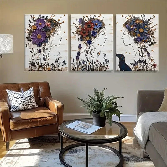 3pcs Women with Flower Crowns and Dog Perfect Wall Art Set Canvas Framed 40x60cm - High Quality Print 100% Australian Made Wall Canvas Ready to Hang