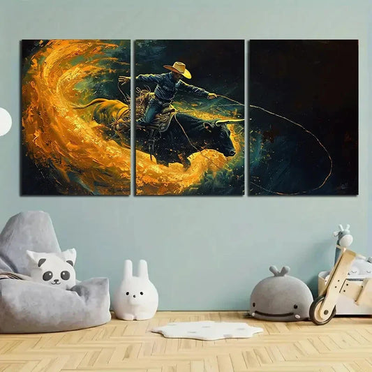 3pcs Western Cowboy Rodeo Yellow Black Metal Print Ready to Hang Art