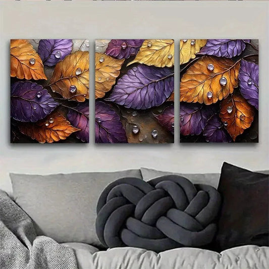 3pcs Autumn Leaves with Water Droplets Wall Art Set Canvas Framed 40x60cm - High Quality Print 100% Australian Made Wall Canvas Ready to Hang