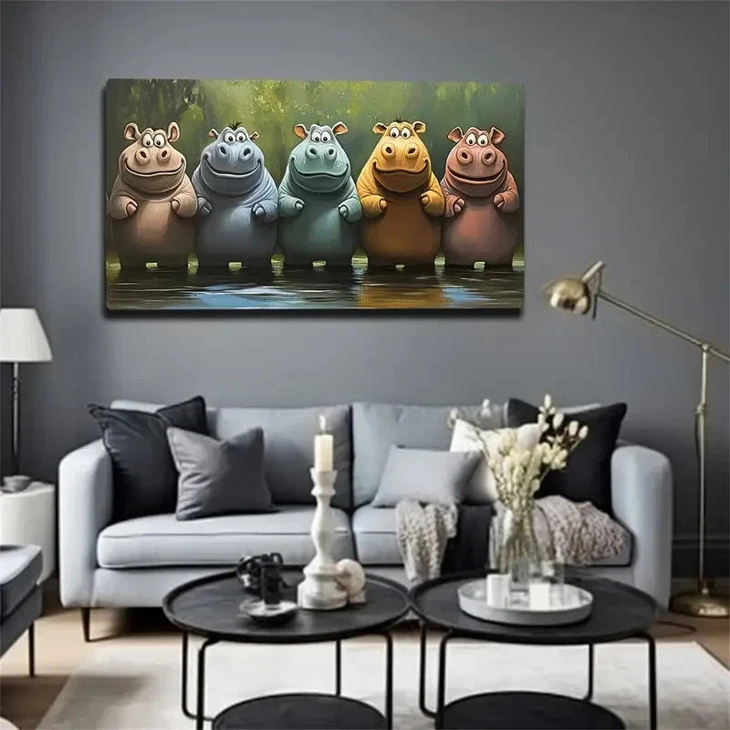 Modern Hippo Poolside Wall Art Canvas Office Home Room Framed 120x60cm