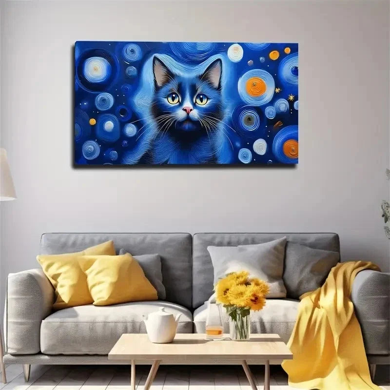 Mystical Blue Cat With Vibrant Wall Art Canvas Office Home Room Framed 80x45cm