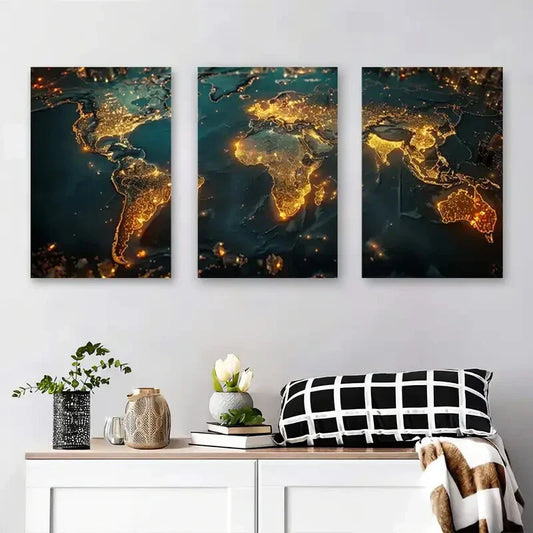 3pcs Golden Illuminated Cityscape Abstract Metal Print Ready to Hang Art