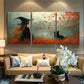 3pcs Enchanting Autumn Witch with Black Cat Metal Print Ready to Hang Art