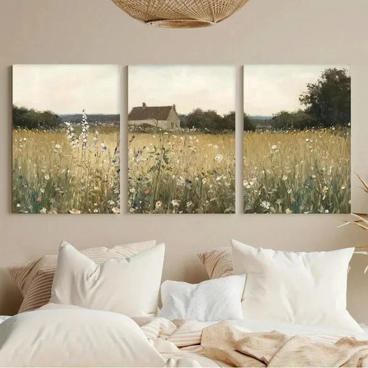 3pcs Countryside Neutral Floral Meadow Metal Print Ready to Hang Art