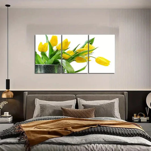 3pcs    Yellow Tulip & Green Foliage  Metal Print Ready to Hang Art