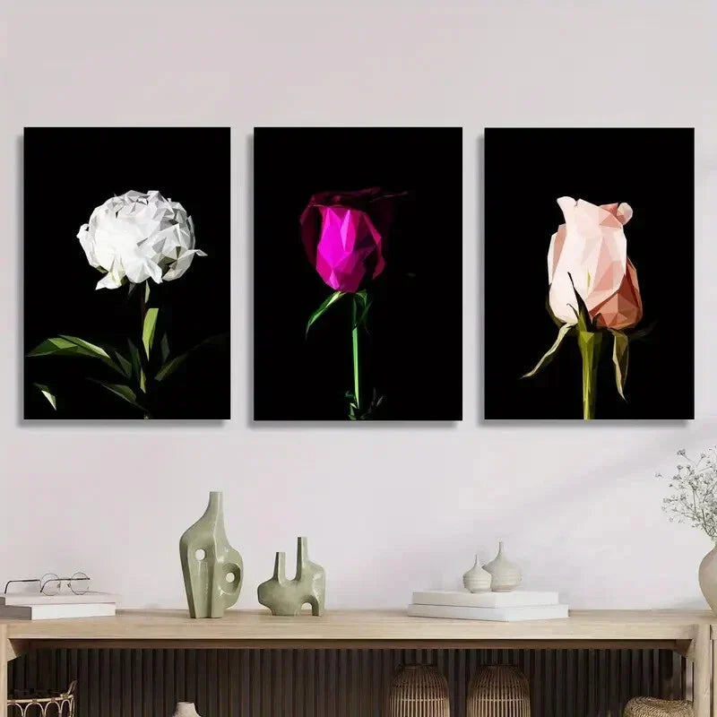 3pcs Flowers poster on black background Metal Print Ready to Hang Art
