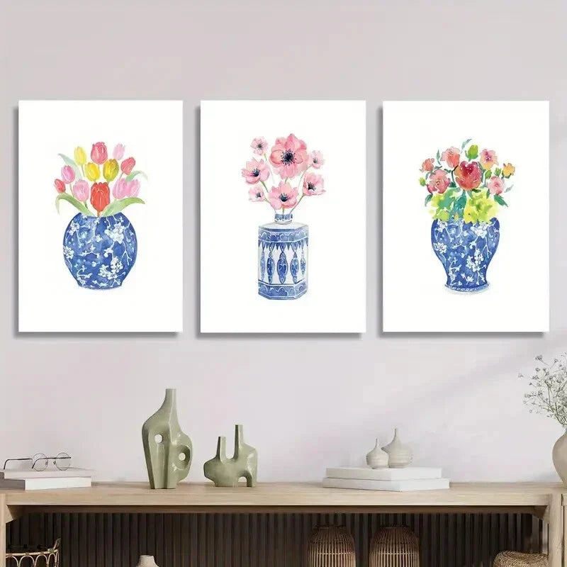 3pcs Watercolor Flowers in Chinese Style Vase Metal Print Ready to Hang Art