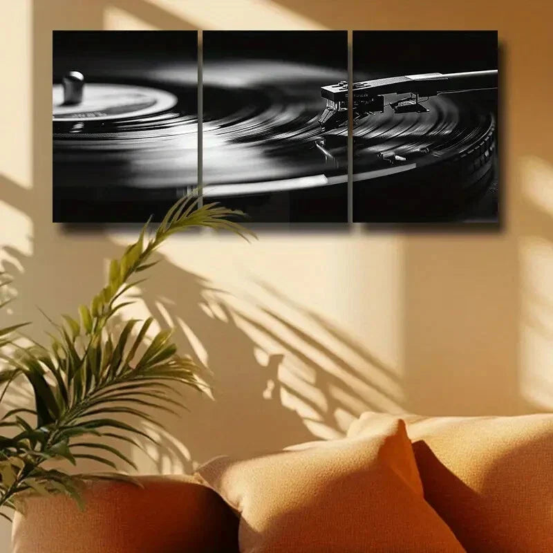 3pcs Black & White Design with Turntable & Music Metal Print Ready to Hang Art