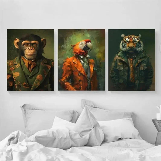 3pcs Wearing Suits Monkey Parrot Tiger Metal Print Ready to Hang Art
