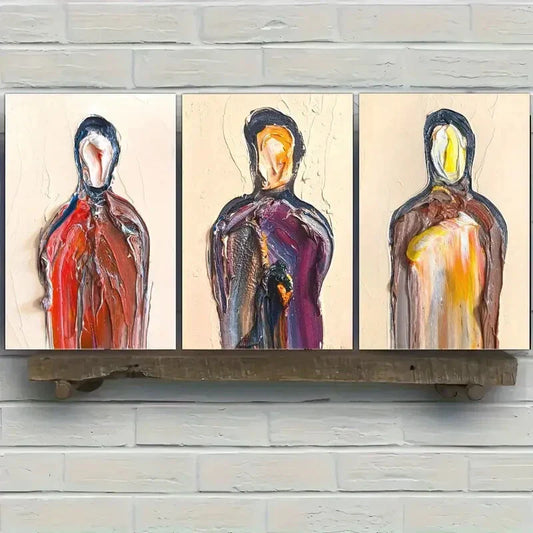 3pcs Surreal Male Figures in Red Purple & Yellow Metal Print Ready to Hang Art