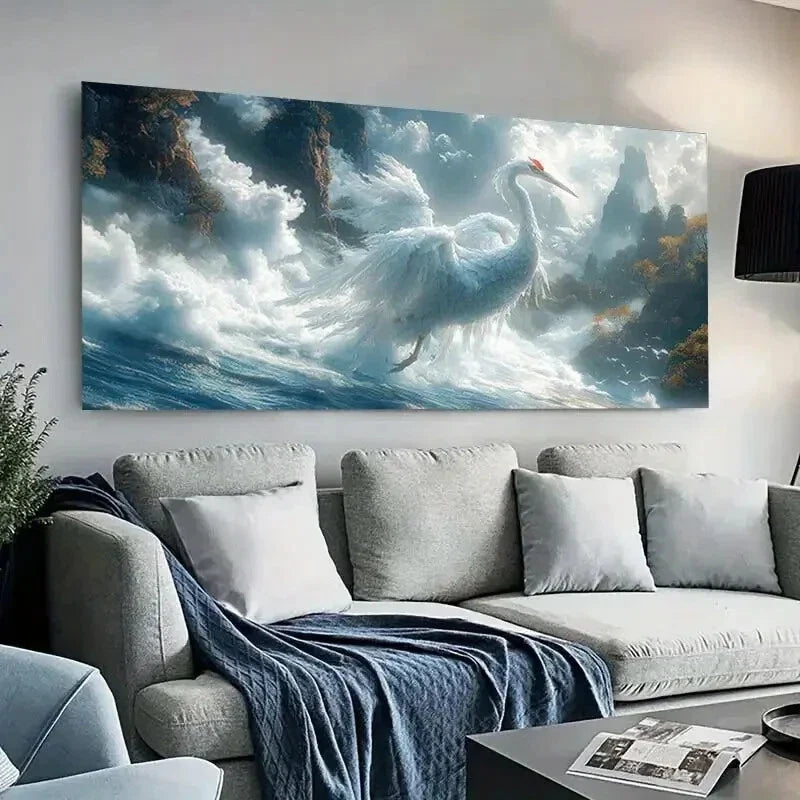 Majestic White Crane Sky wall canvas office home room framed 120x60cm