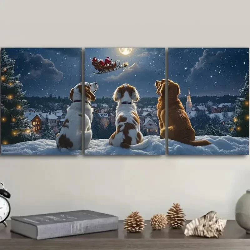 3pcs The dog looks at Santa Claus Metal Print Ready to Hang Art