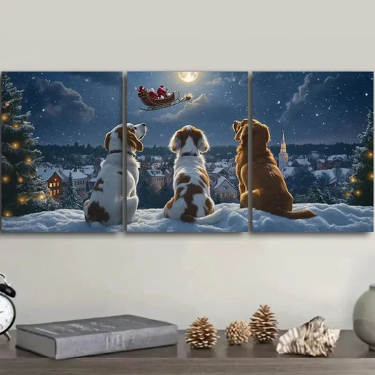 3pcs The dog looks at Santa Claus Metal Print Ready to Hang Art