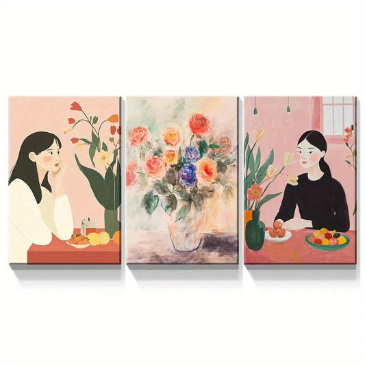 3pcs Abstract Flower Girl Colourful Metal Print Ready to Hang Art