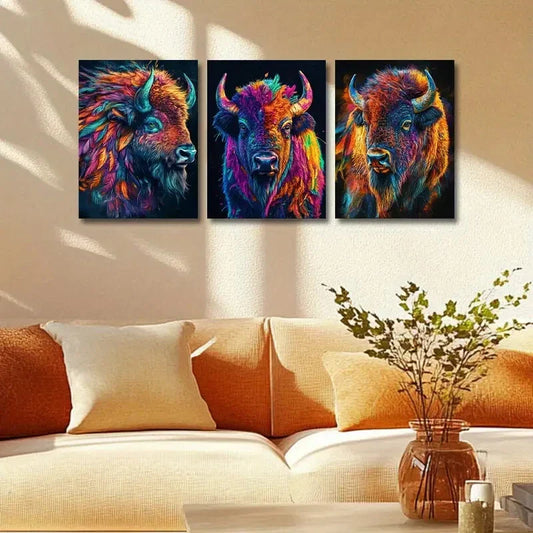 3pcs Colorful Bison Head Design Metal Print Ready to Hang Art