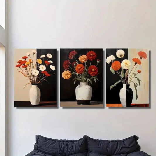 3pcs Vase, plants and flowers, modern Metal Print Ready to Hang Art