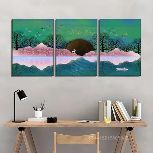 3pcs , Fresh Space Artistic Highlight Sika deer Metal Print Ready to Hang Art