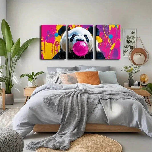 3pcs Panda Pink Paint Bubble cartoon style Wall Art Set Canvas Framed 40x60cm - High Quality Print 100% Australian Made Wall Canvas Ready to Hang