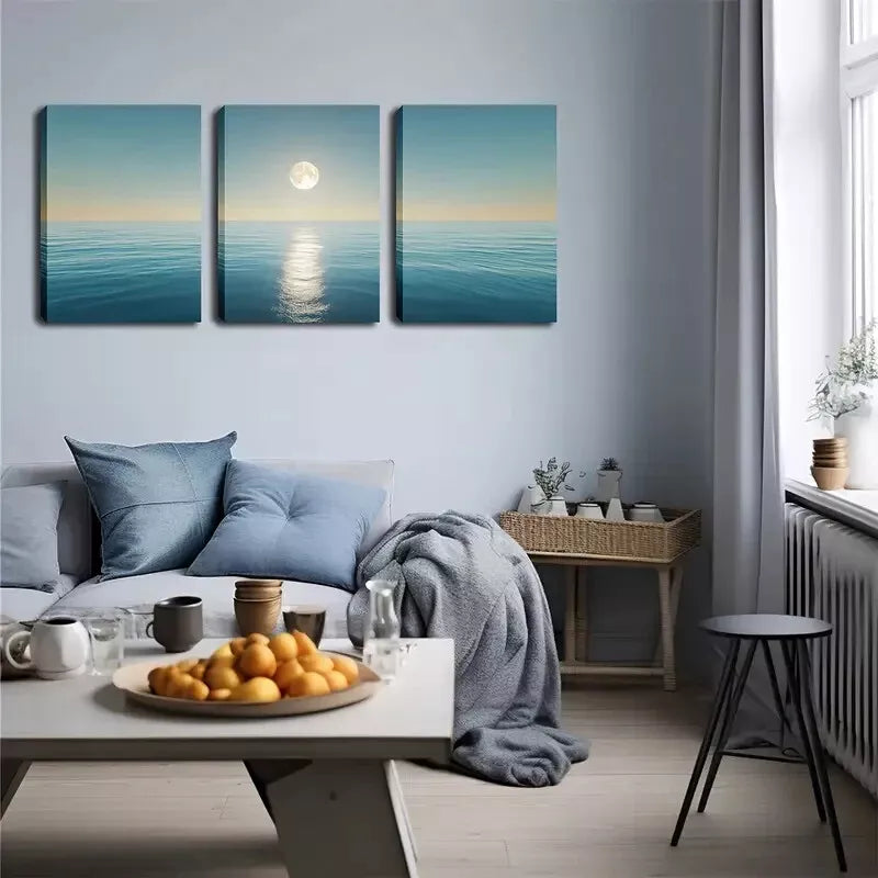 3pcs  Round Moon On The Sea Level Wall Art Set Canvas Framed 40x60cm - High Quality Print 100% Australian Made Wall Canvas Ready to Hang