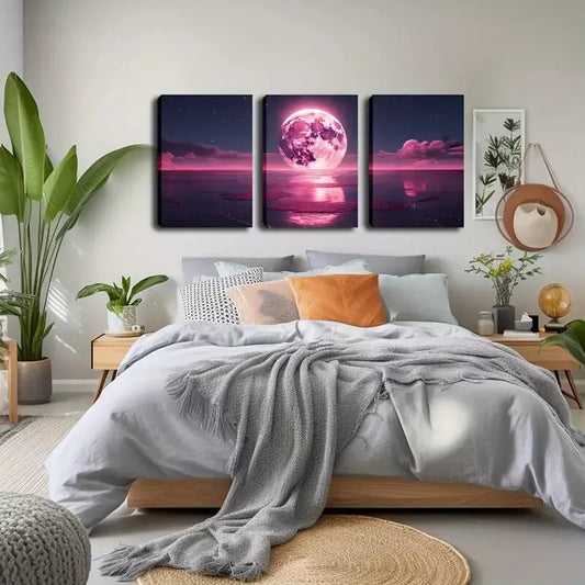 3pcs Red Moon on the Sea  Wall Art Set Canvas Framed 40x60cm - High Quality Print 100% Australian Made Wall Canvas Ready to Hang