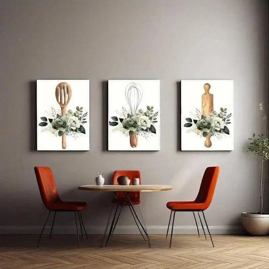3pcs  Green Watercolor Floral & Kitchenware Metal Print Ready to Hang Art